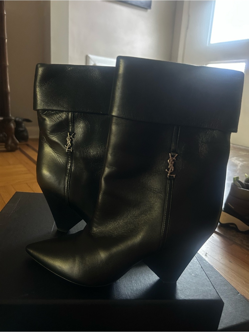 Saint Laurent Black Leather Fold-Over Wedge Ankle Boots with YSL Logo